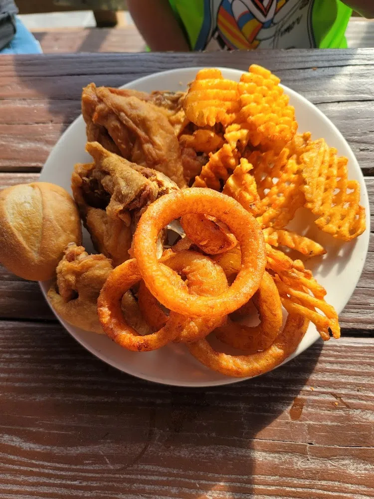 Broasted Chicken Waffle Fries and Onion Rings