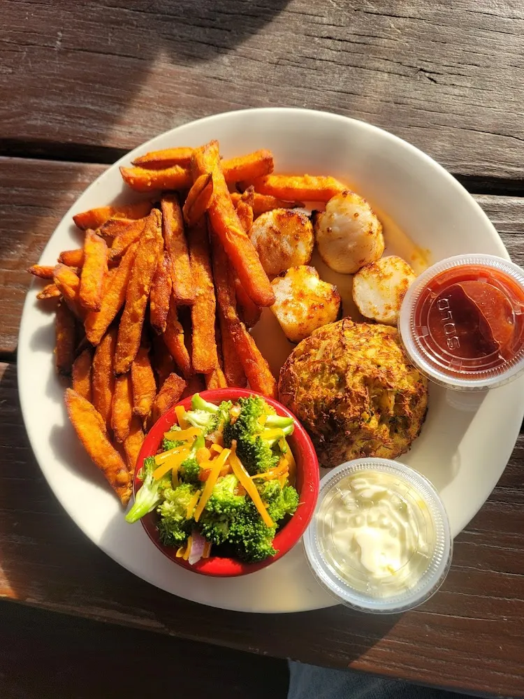 Crabcake and Scallops with Sweet Potato Fries and Broccoli Salad